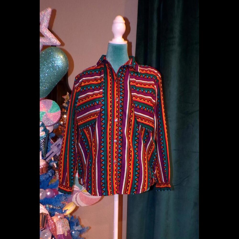 Vintage Women's Colorful Geometric Western Button-Up Shirt